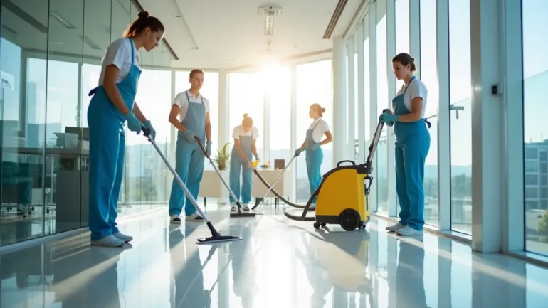 commercial cleaning team maintaining spotless workplace environment efficiently