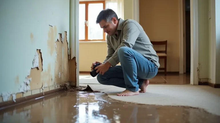 homeowner documenting water damage for insurance claim