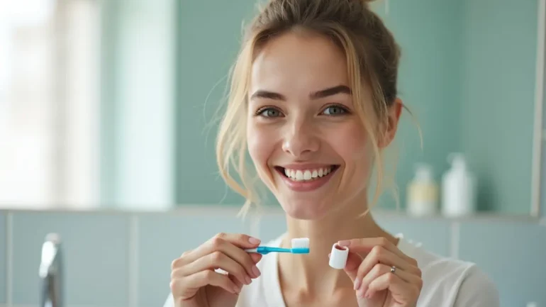 person maintaining healthy smile through regular dental care habits